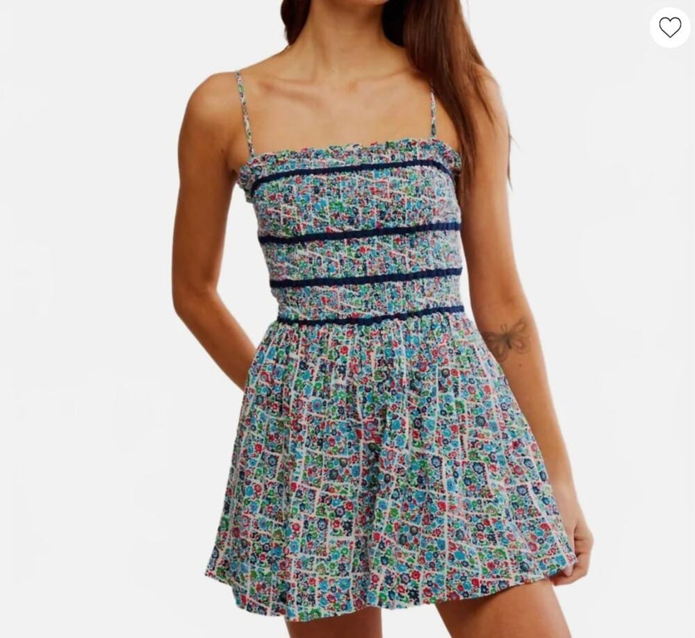Free People Bali Checked Out Printed Romper Y2k babydoll Smocked M A010854